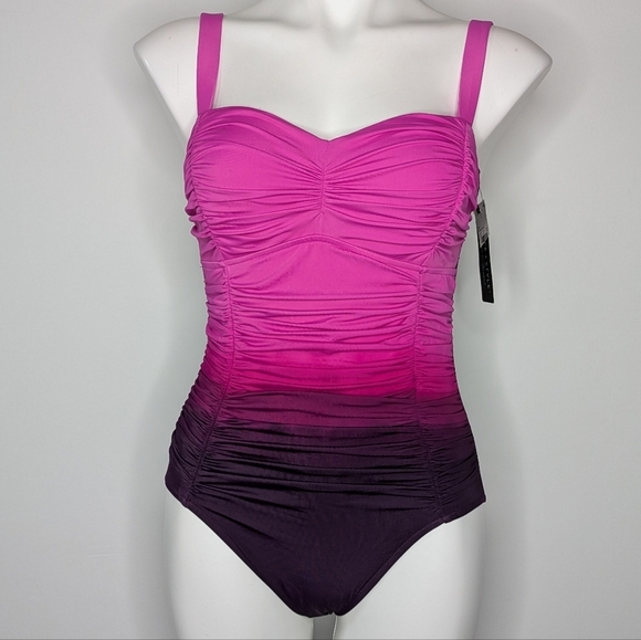 NWT Shape + Style Aqua Green  Pink Purple Ombre Ruched One Piece Swimsuit 6 - Picture 1 of 11